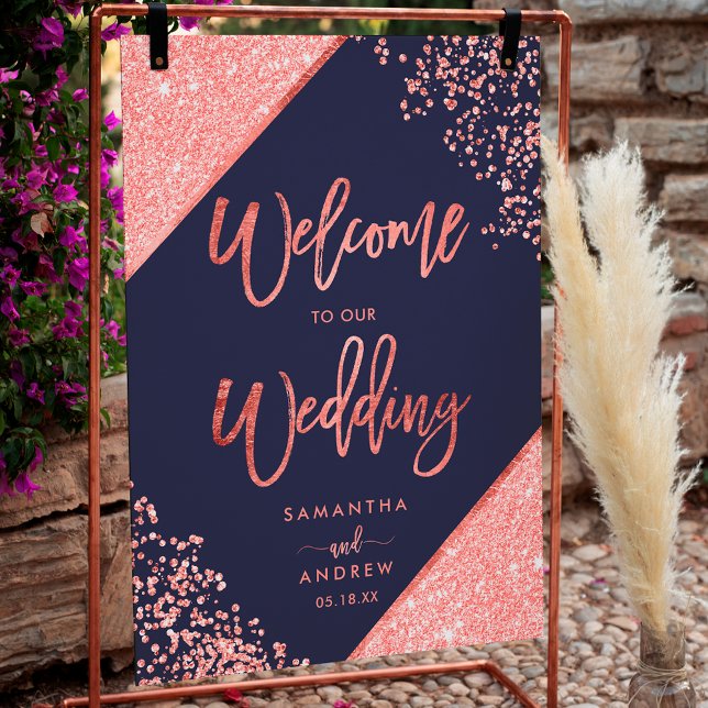 Blåblått bröllop poster (Modern coral glitter navy blue welcome wedding poster)