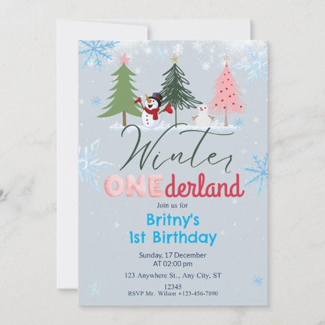 Blåblått från Winter ONEderland Birthday-inbjudan  Inbjudningar (Framsida)
