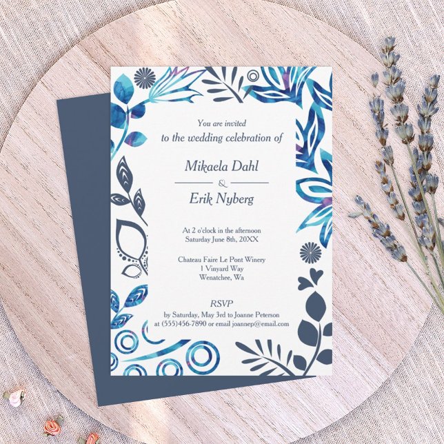 Blåblått Grått Blommönster Ram Bröllop Inbjudningar (vibrant blue and navy blue floral frame wedding invitation template, blue-gray, slate blue)