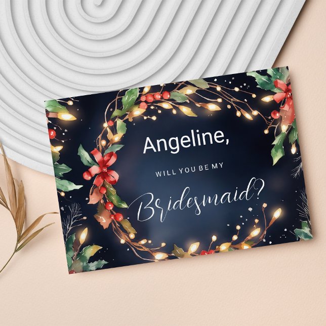 Blåblått grönt Julblomma, bruna Bridesmaid Inbjudningar (Red blue green Christmas flower wreathe Bridesmaid )