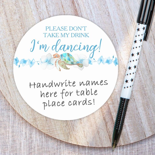 Blåblått Grönt-sköldpaddsortet Namn bricka Underlägg Papper Rund (tropical blue green sea turtle wedding theme table name place card sign "please don't take my drink")