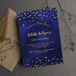 Blåblått guld-elegant inbjudan vykort<br><div class="desc">En marin blå bakgrund med gyllene hjärtan. Den blå färg är ojämn. Anpassa och lägg till ditt namn och information om party.</div>