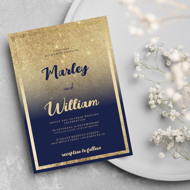 Blåblått guld, glitter Bröllop Inbjudningar (Luxury navy blue gold ombre glitter Wedding)