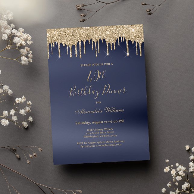 Blåblått guld-glitter-droppar 40:e födelsedagen inbjudningar (Luxury navy blue gold glitter drips 40th Birthday)