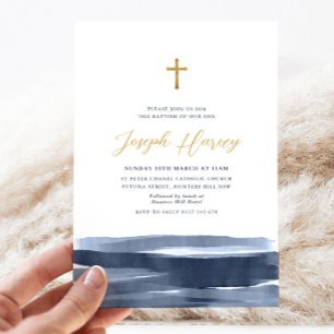 Blåblått Guld Kor Boys Baptism Christening Inbjudningar