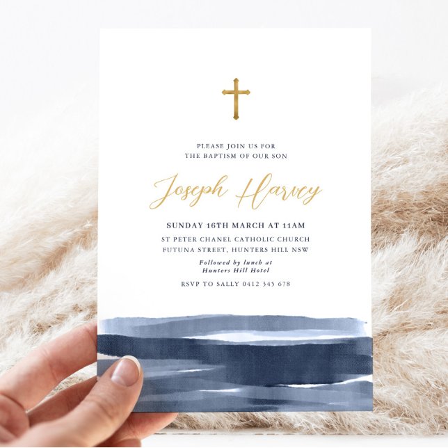 Blåblått Guld Kor Boys Baptism Christening Inbjudningar (Navy Blue Watercolor and Gold Boys Baptism Invitation)
