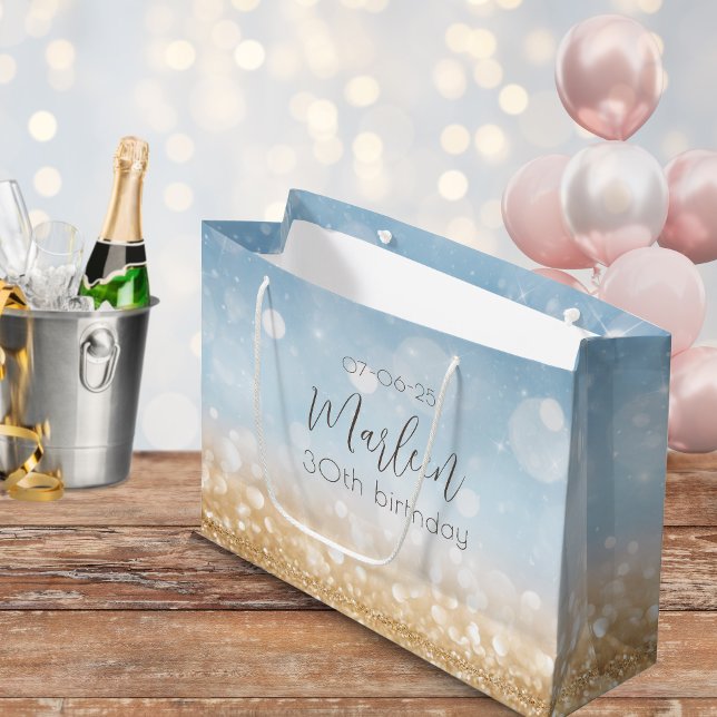 Blåblått guld shimmer från himmel-champagne (Champagne celebration. An elegant light gold and sparling blue gift bag for her. Girly and glamorous)