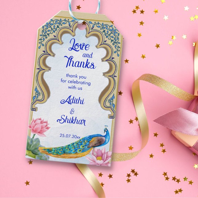 Blåblått i Indiska bröllop Presentetikett (Indian wedding favor gift tags Rajasthan window blue peacock lotus personalized wedding favor tags)