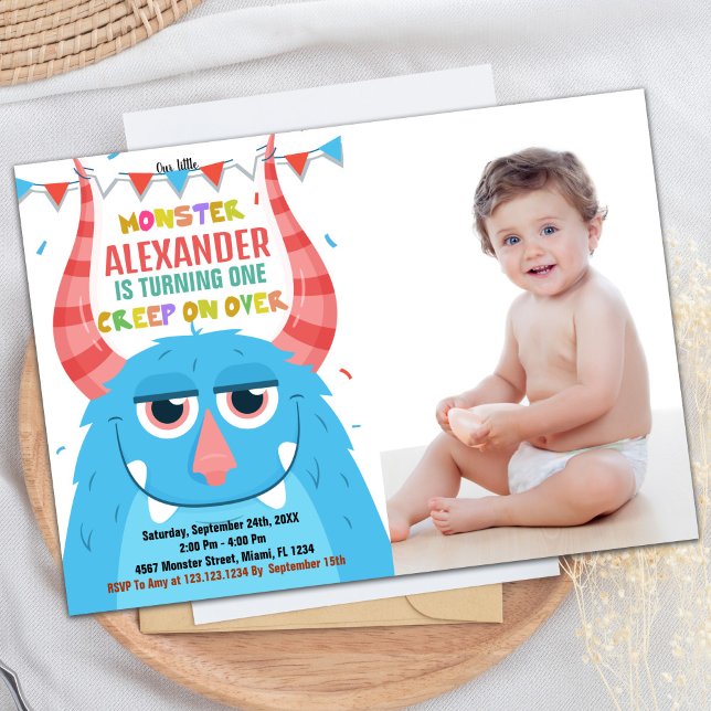 Blåblått i måndags med foto inbjudningar (Monster Birthday Invitations Blue with photo)