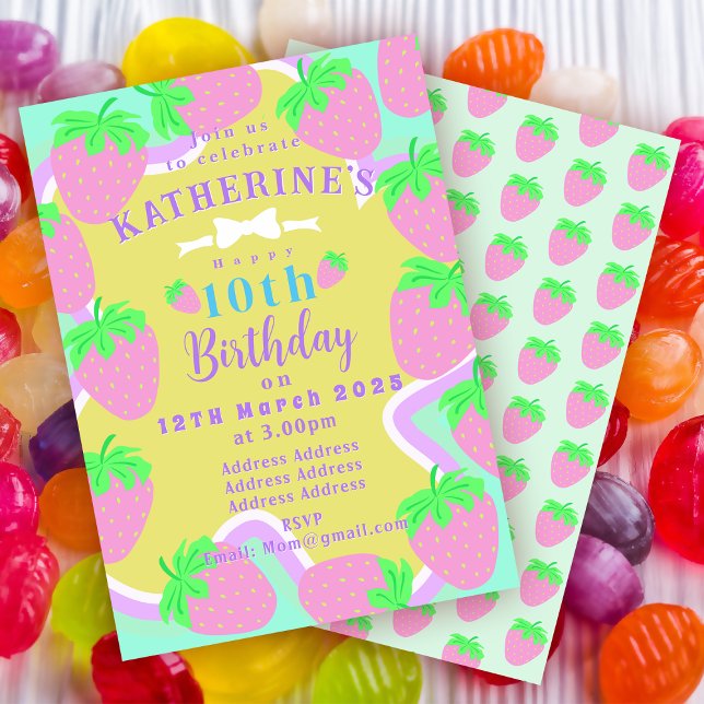 Blåblått inbjudningskort för jordgubbsdagsmat Grön (Sweet Strawberry Birthday Invitation Card. )