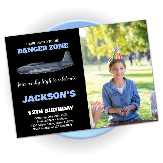 Blåblått med foto mot Jet Inbjudningar (Fighter Jet Birthday Invitations Blue with photo)