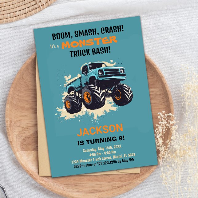 Blåblått monster Lastbil-födelsedagsinbjudningar Inbjudningar (Monster Truck Birthday Invitations Blue)
