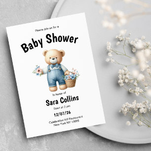 Blåblått nalle rosa blommor Baby Shower Inbjudningar