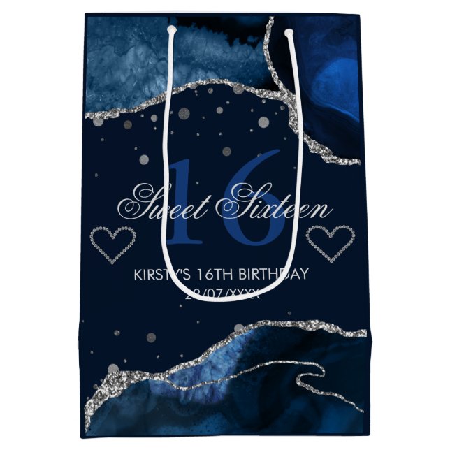 Blåblått och faux Silver Glitter Agate Sweet 16 (Baksidan)