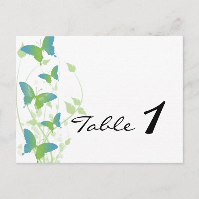 Blåblått och Grönt Butterfly Vine Bröllop Bordsnum Vykort (Framsida)