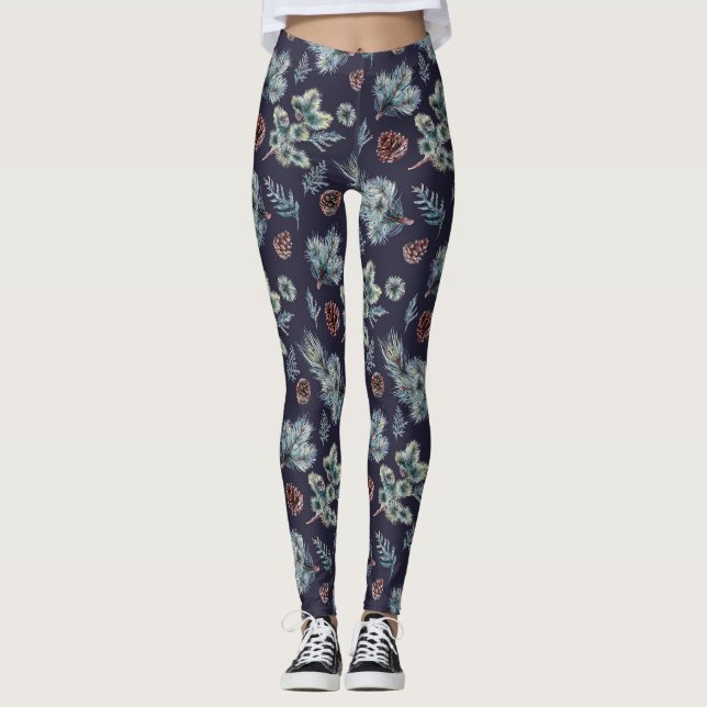 Blåblått och Grönt Gräs Träd Illustrated Leggings (Framsida)