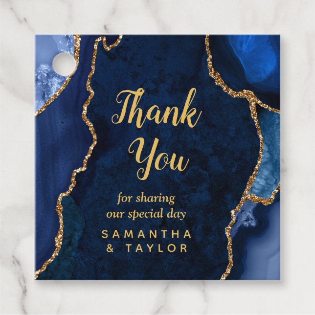 Blåblått och Guld Agate Bröllop Tack Gåvor Etiketter (Framsida)