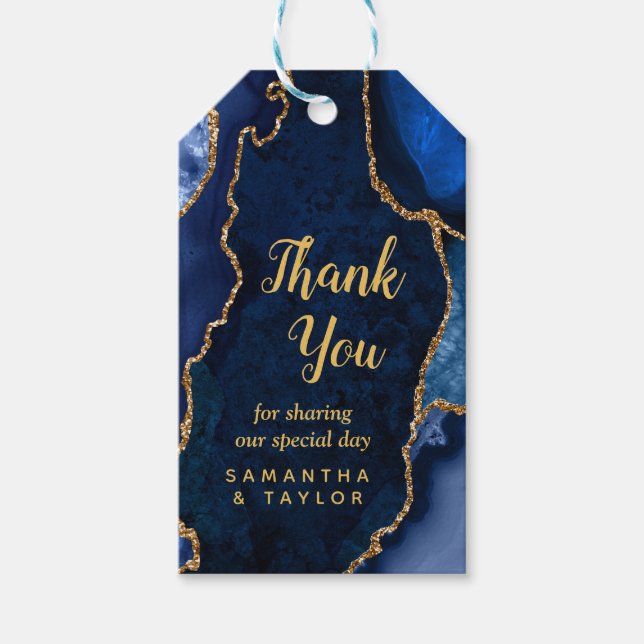 Blåblått och Guld Agate Bröllop Tack Presentetikett (Framsidan)