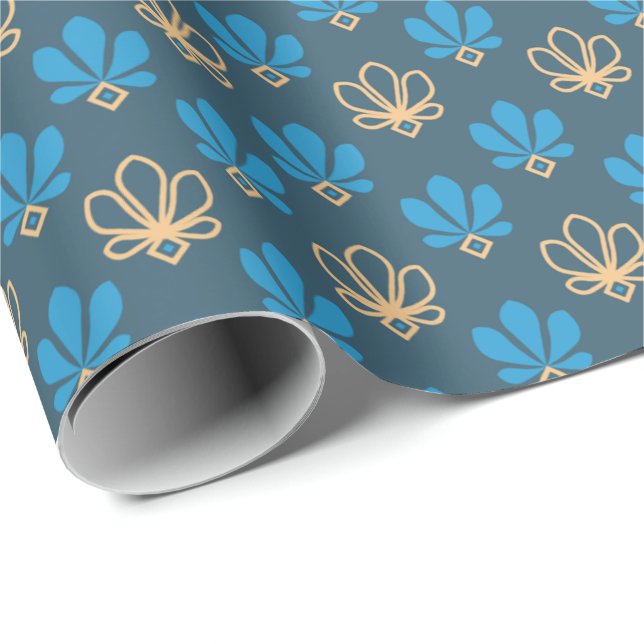 Blåblått och Guld Fleur Gift Wrap - Majestic Presentpapper (Rullad Hörn)