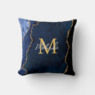 Blåblått och Guld marble Agate Kudde