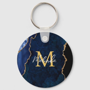 Blåblått och Guld marble Agate Nyckelring