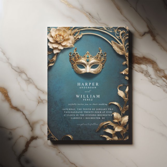 Blåblått och guld Masquerad Bröllop Inbjudningar (Blue masquerade wedding invitation featuring a venetian mask.)