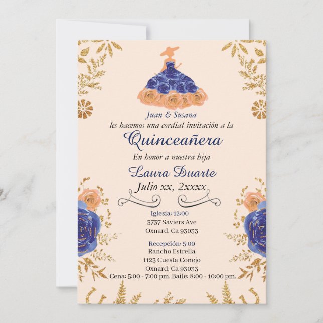 Blåblått och Guld Quinceañera-inbjudan till Guld F Inbjudningar (Framsida)