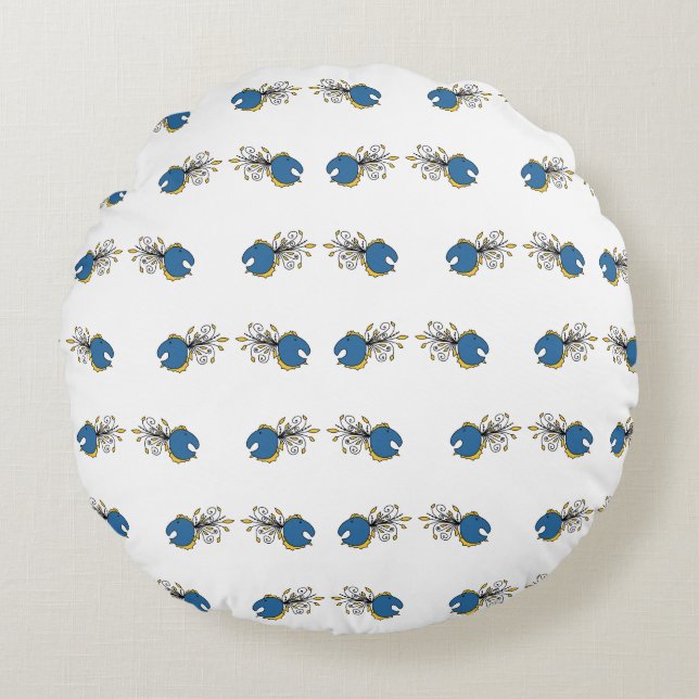 Blåblått och gult fisk rund kudde (Framsidan)