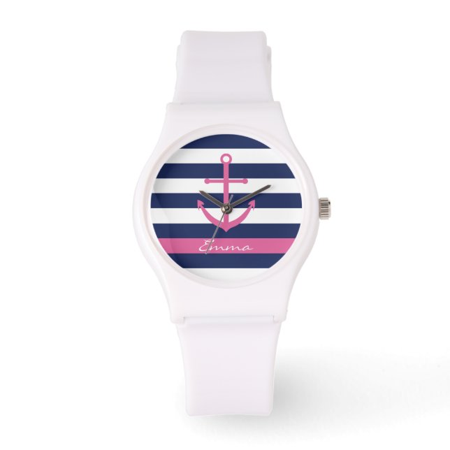 Blåblått och Rosa Anchor Monogram Watch Armbandsur (Framsida)