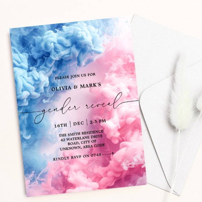 Blåblått och Rosa Rökning Baby Gender Reveal-inbju Inbjudningar (Skapare uppladdad)