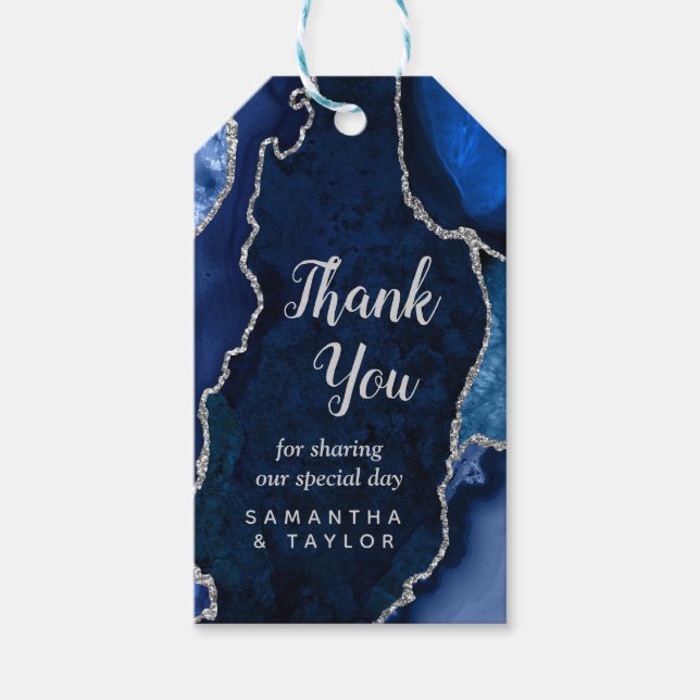 Blåblått och Silver Agate Bröllop Tack Presentetikett (Framsidan)