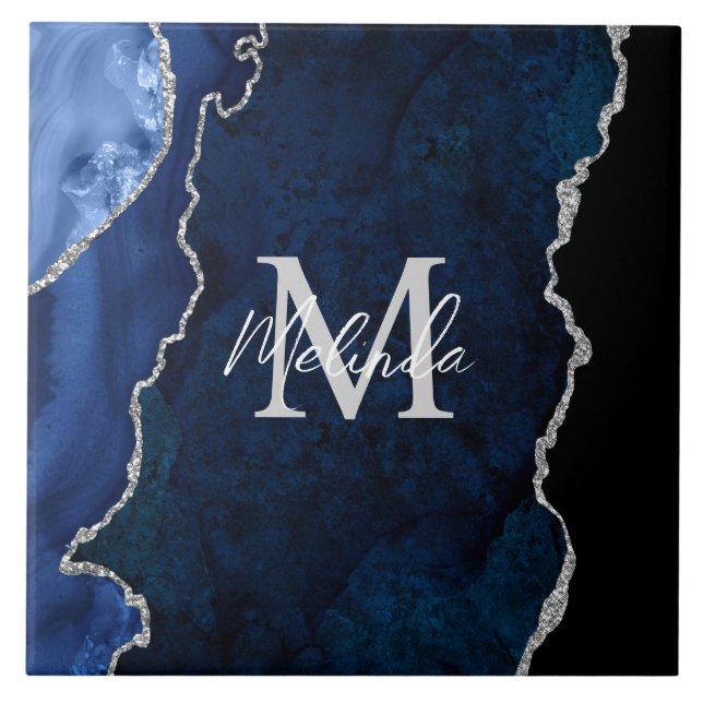 Blåblått och Silver marble Agate Kakelplatta (Framsidan)