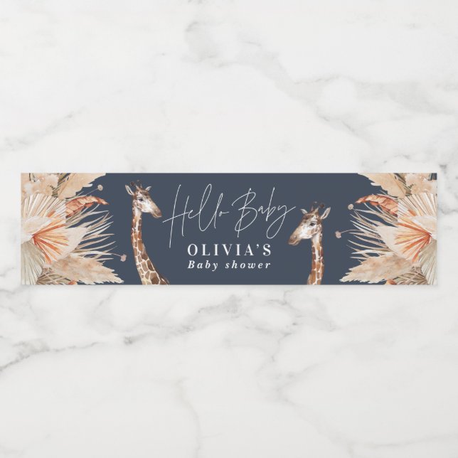 Blåblått pampasgräs giraffe safari vattenflaskor etikett (Singel etikett)