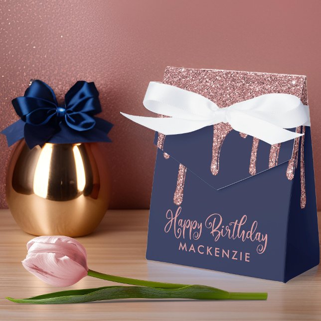 Blåblått Ro Guld Gnistra Glitter Drivrutiner födel Presentaskar (Navy Blue Rose Gold Sparkle Glitter Drips Birthday Favor Boxes)