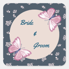 Blåblått rosa-blommigt för fjärilsetiketter fyrkantigt klistermärke