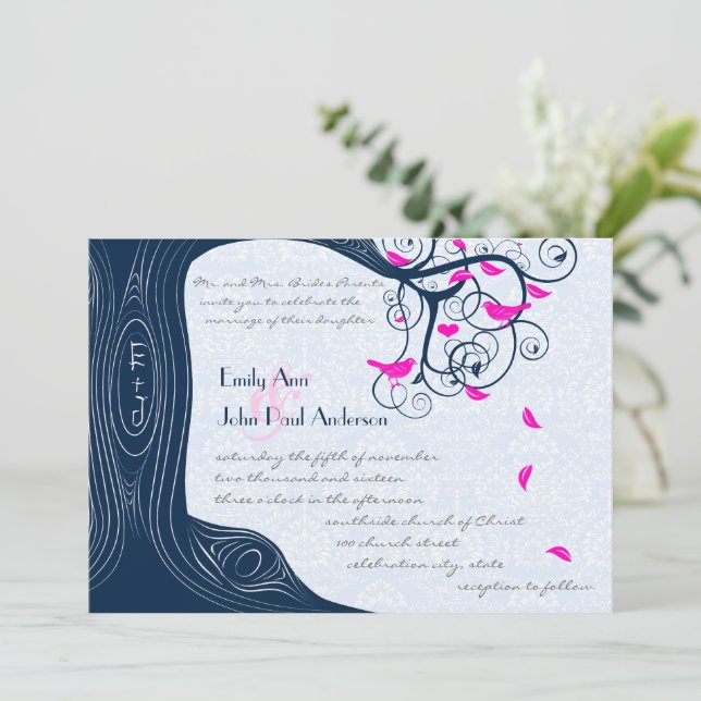 Blåblått Rosa Forest Love Bird Wedding bjudande Inbjudningar (Stående Fram)