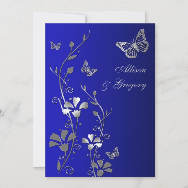 Blåblått, Silver Blommigt Butterflies bröllopsinbj Inbjudningar (Framsida)