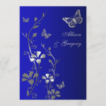 Blåblått, Silver Blommigt Butterflies bröllopsinbj