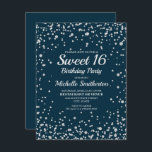 Blåblått Silver Glitter Sweet 16 Birthday Kort<br><div class="desc">Elegant marinblått med silver diamant glitter 16:e födelsedagsfest inbjudan för tonåring flickor. Kontakta oss om du behöver hjälp med anpassning eller om du vill begära matchande produkter.</div>