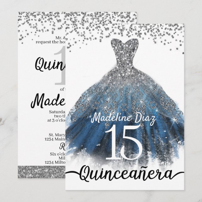 Blåblått Silver Quinceanera-födelsedagsinbjudan Inbjudningar (Fram/baksida)