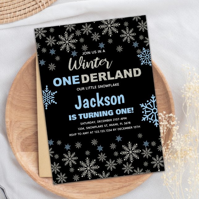 Blåblått Silver-Snö-land Inbjudningar (1st Blue Silver Snow Winter Birthday Onederland Invitation)