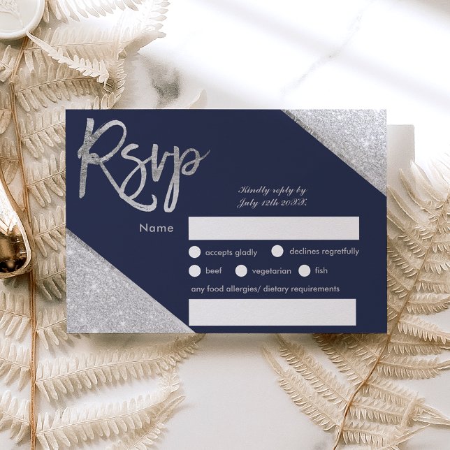 Blåblått skript för silver glitter bröllop OSA Kort (Skapare uppladdad)