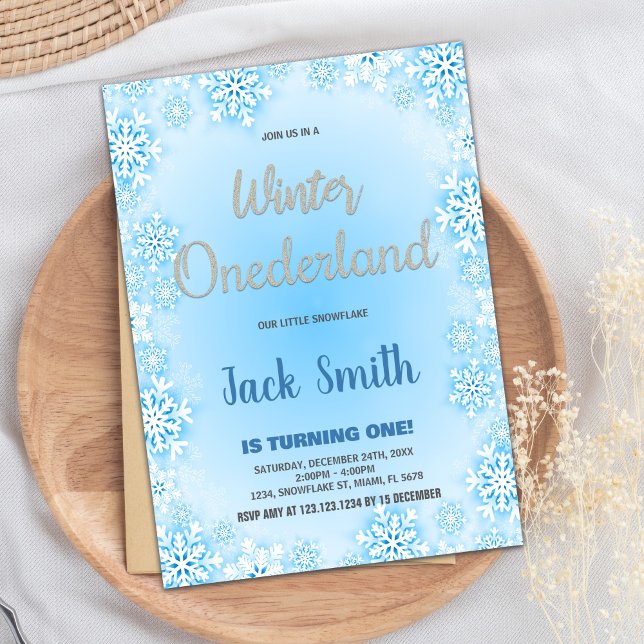 Blåblått Snö vid vintermåndag Inbjudningar (Winter ONEderland Birthday Invitations Blue Snow)