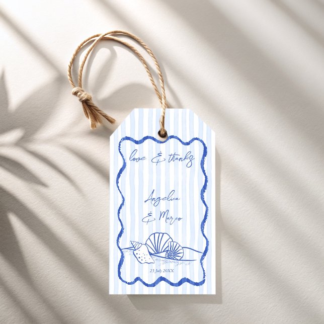 Blåblått vågigt gräns-badbröllop presentetikett (Seashells handrawn blue wavy border beach wedding favors personalized favor gift tags)