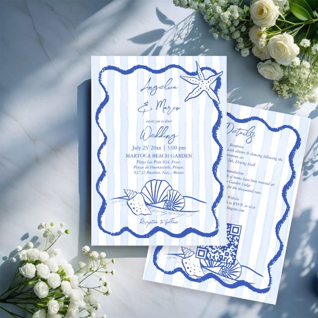 Blåblått vågigt gräns-strandbröllop med osa inbjudningar (Handrawn Seashells blue wavy border beach wedding invitation cards with rsvp template download)
