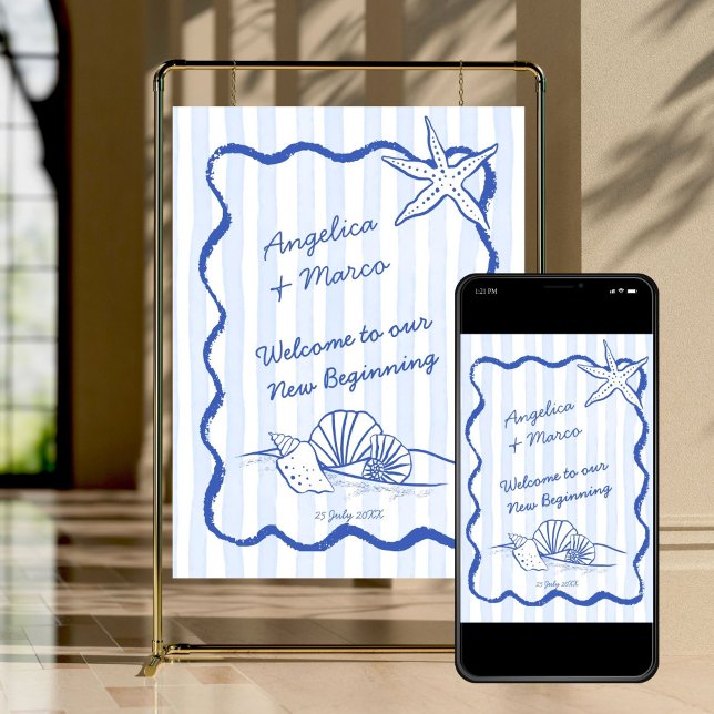 Blåblått vågigt gräns-strandbröllop välkomna poster (Seashells handrawn blue wavy border beach wedding welcome poster template instant download)