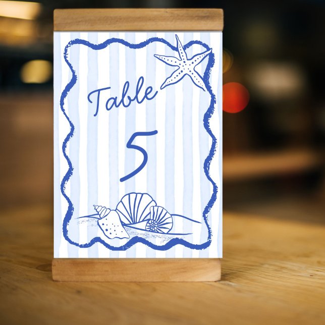 Blåblått vågigt strandbröllop på gräns bordsnummer (Seashells handrawn sketch blue wavy border beach wedding table number cards personalized decor)