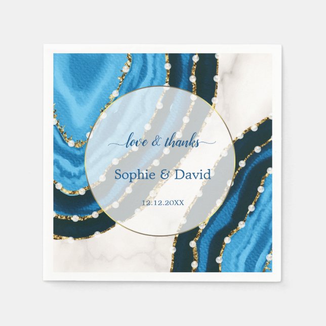 Blåblått vattenfärgsagenat Pearls Bröllop Pappersservett (Framsidan)