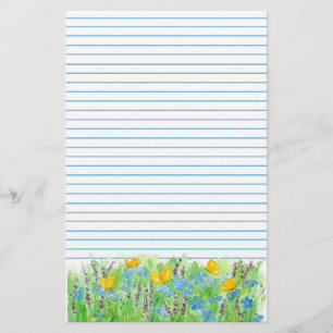 Blåblått vattenfärgsblommor Längt Brevpapper