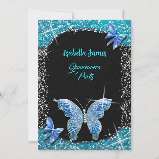 Blåblåturkos (glitter) elegant (Butterfly) Inbjudningar (Framsida)